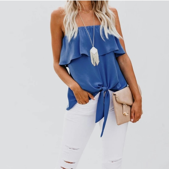 Sale!! New Tie Knot Ruffle Layered Tube Top Blouse - Picture 3 of 7